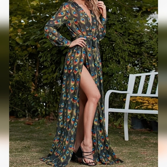 Peacock Print,  Long Sleeved,  Deep V Neck,  Slit Thigh, Mermaid Gown - Picture 4 of 10
